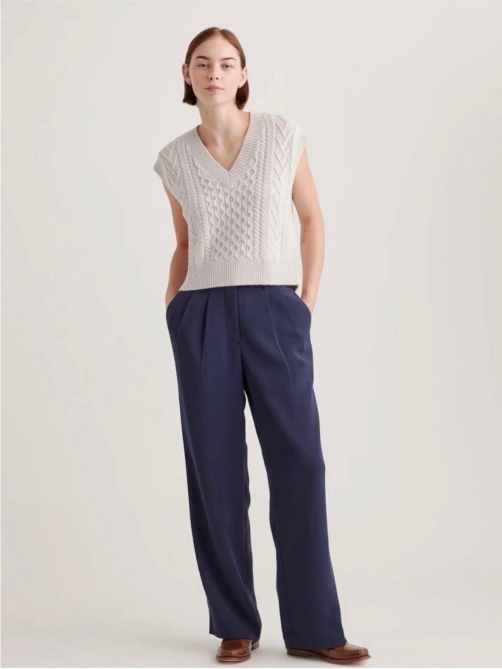 Quince Stretch Crepe Pleated Wide Leg Pant Navy Blue 6 NEW